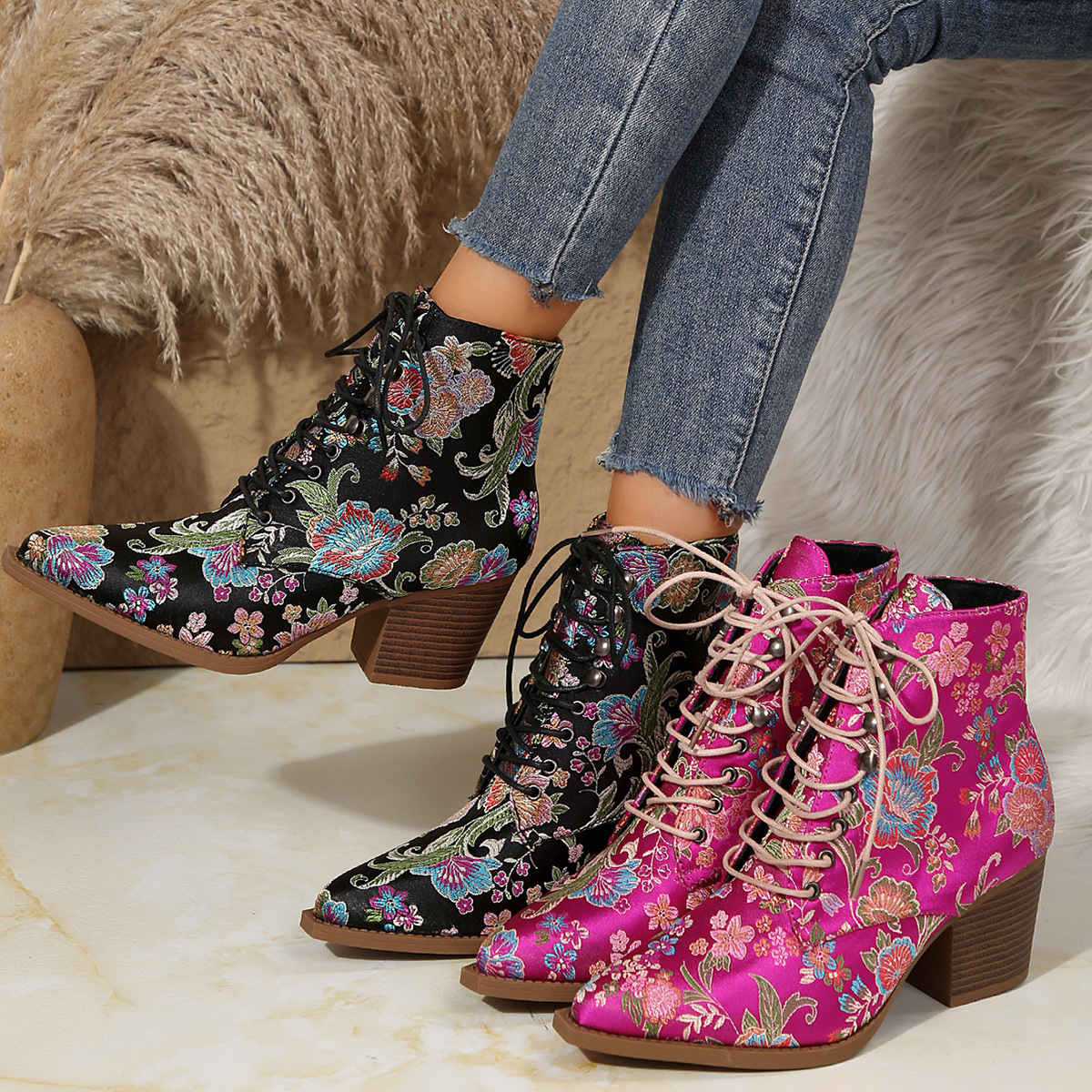 Ethnic Pointed-Toe Ankle Boots - Winter Ethnic Fashion For Women ulasan dan harga